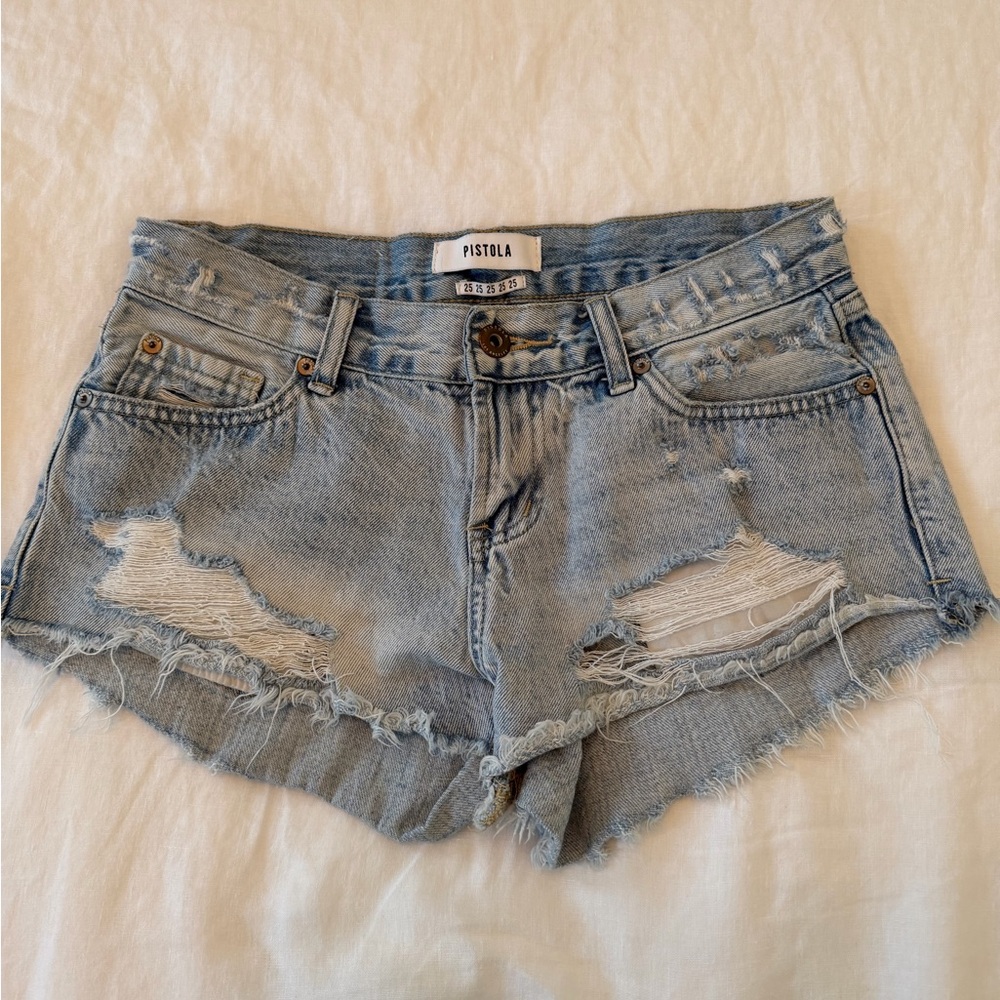 pistola Light Blue Distressed Denim Cutoff Shorts
